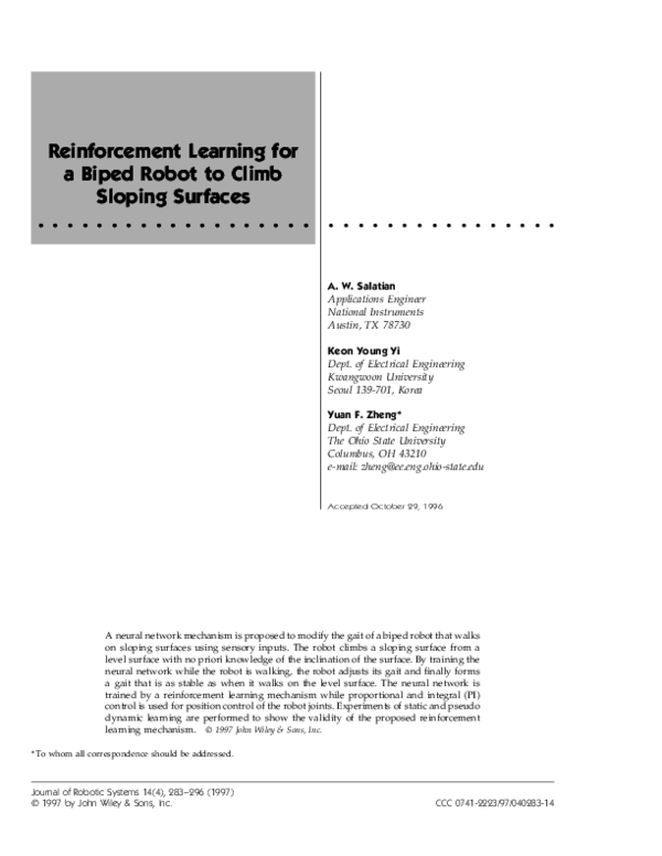(PDF) Reinforcement learning for a biped robot to climb sloping surfaces