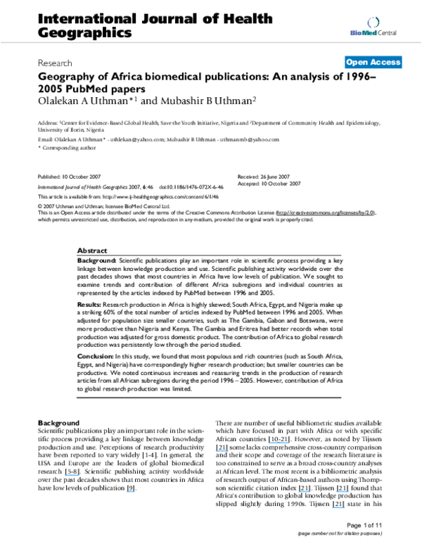 (PDF) Geography of Africa biomedical publications An analysis of 1996