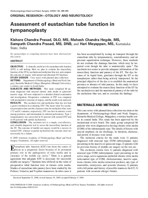 (PDF) Assessment of eustachian tube function in tympanoplasty mahesh