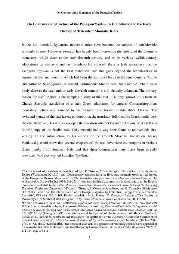 On contents and structure of the Panagios Typikon: a contribution to the early history of ‘extended’ monastic rules