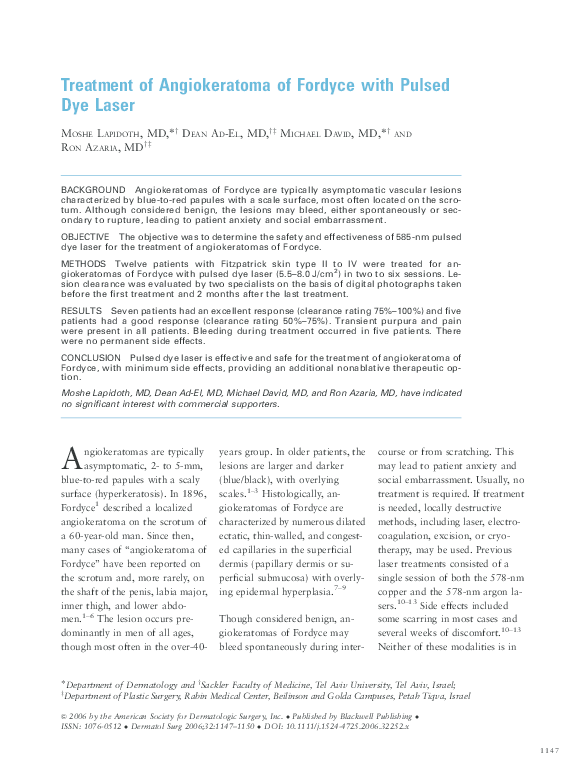 (PDF) Treatment of Angiokeratoma of Fordyce with Pulsed Dye Laser Ron