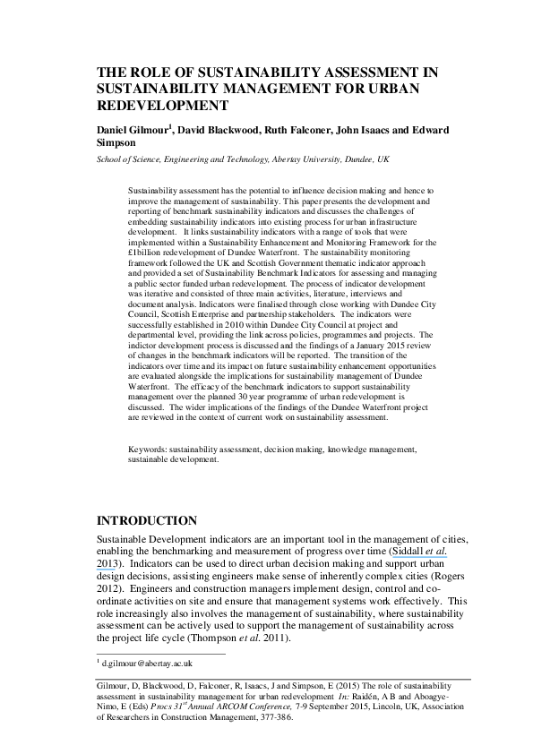 (PDF) The Role of Sustainability Assessment in Sustainability ...