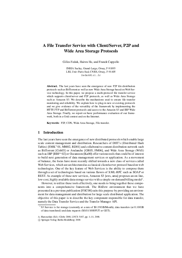 (PDF) A File Transfer Service with Client/Server, P2P and Wide Area ...