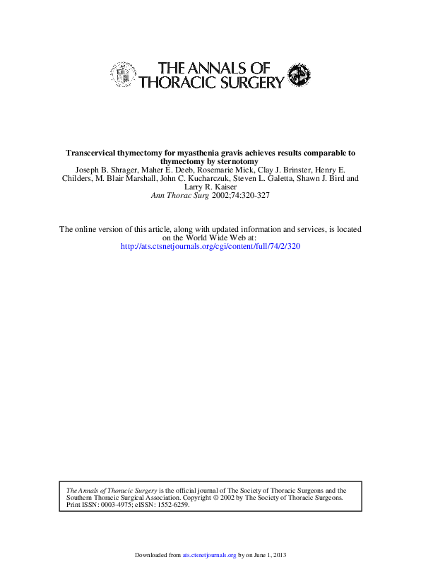 (PDF) Transcervical thymectomy for myasthenia gravis achieves results