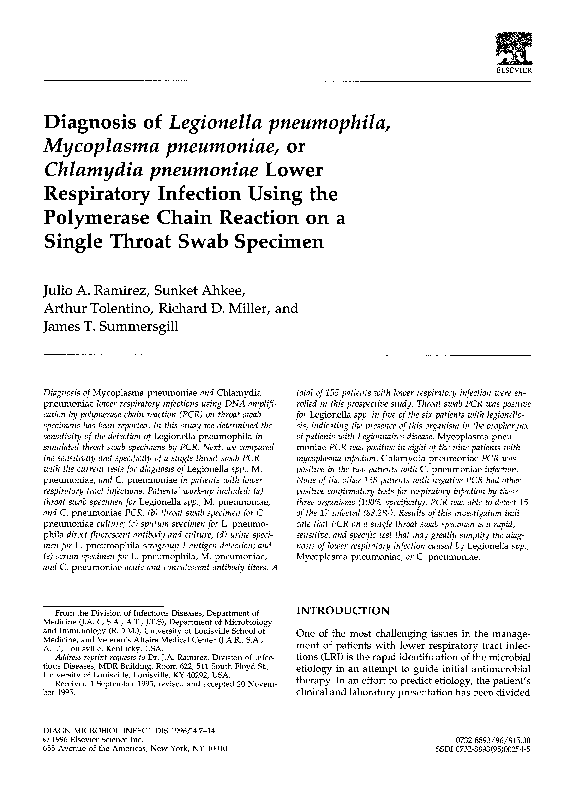 (PDF) Diagnosis of Legionella pneumophila, Mycoplasma pneumoniae, or ...
