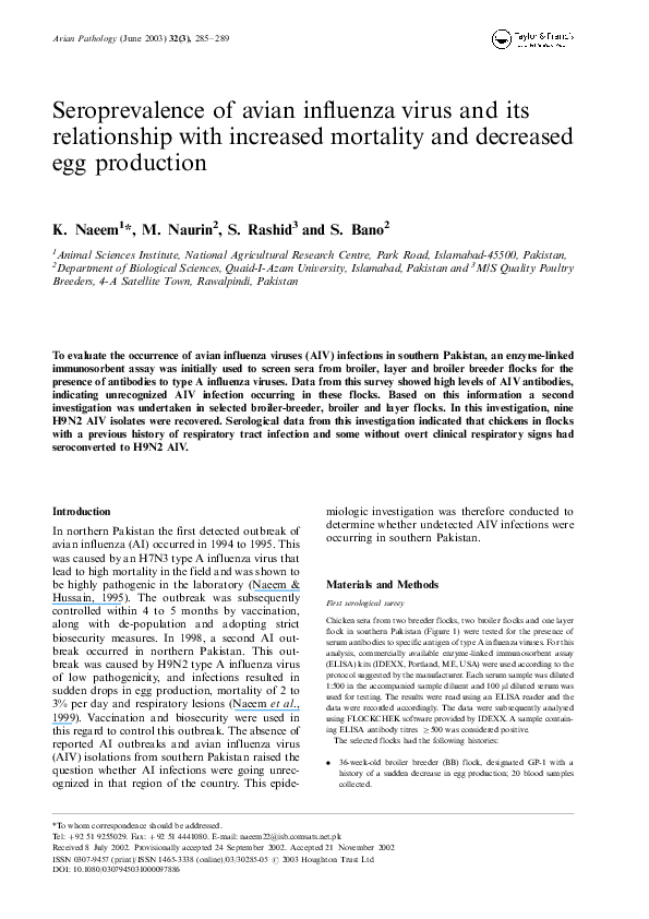 (PDF) Seroprevalence of avian influenza virus and its relationship with ...