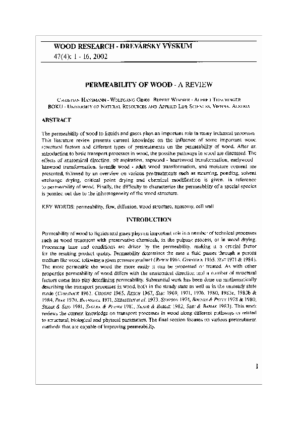 (PDF) Permeability of wood - a review