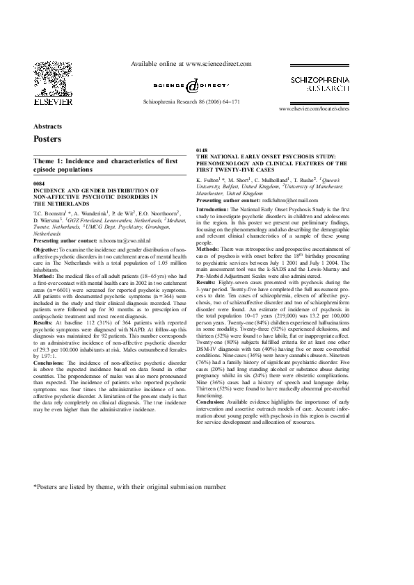 (PDF) 0084 INCIDENCE AND GENDER DISTRIBUTION OF NON-AFFECTIVE PSYCHOTIC ...