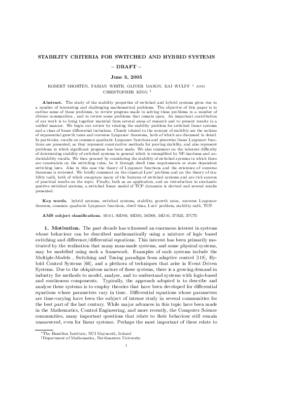 (PDF) Stability Criteria for Switched and Hybrid Systems