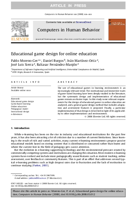 (PDF) Educational game design for online education
