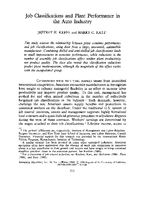 (PDF) Job Classifications and Plant Performance in the Auto Industry