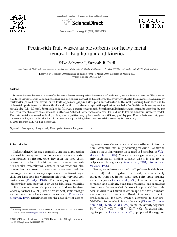 (PDF) Pectinrich fruit wastes as biosorbents for heavy metal removal