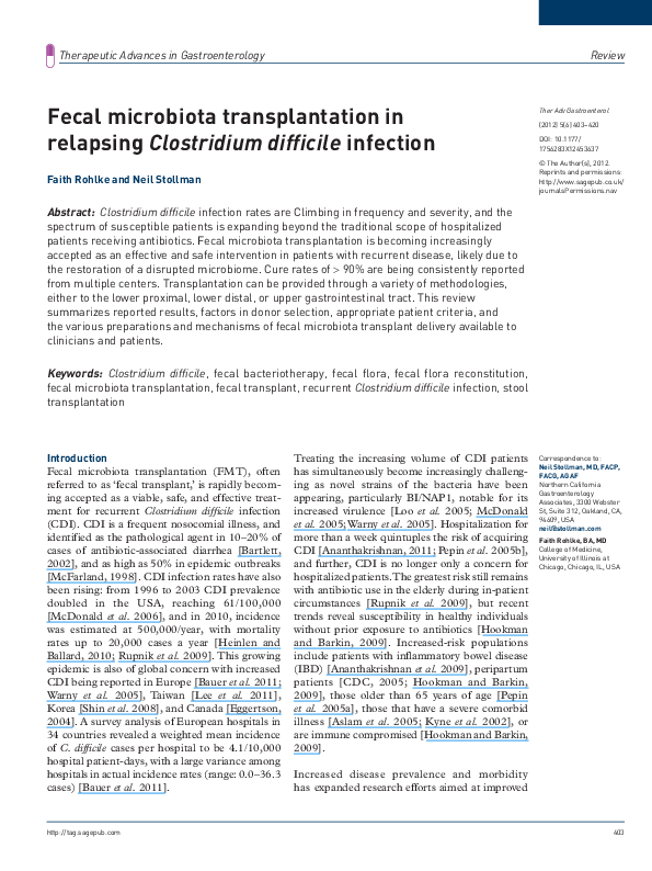 (PDF) Fecal microbiota transplantation in relapsing Clostridium ...