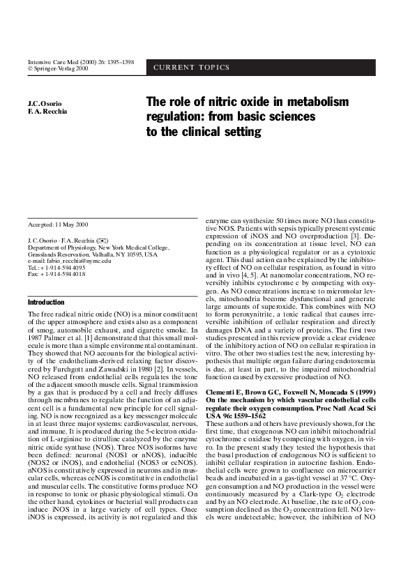 (PDF) The role of nitric oxide in metabolism regulation: from basic ...