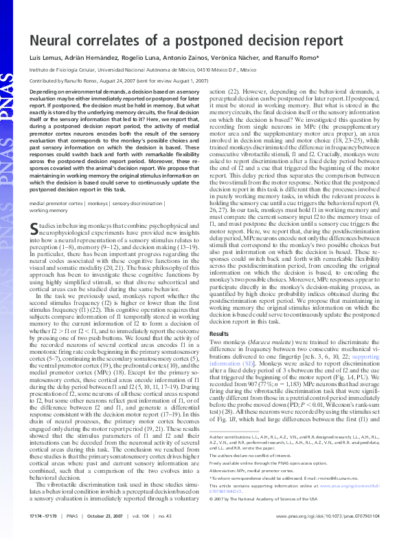 (PDF) Neural correlates of a postponed decision report
