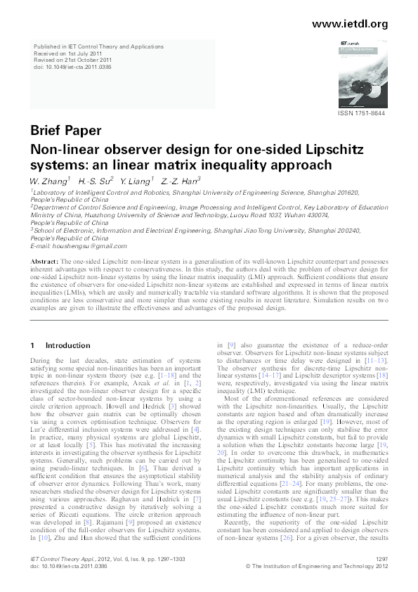 (PDF) Nonlinear observer design for one-sided Lipschitz systems