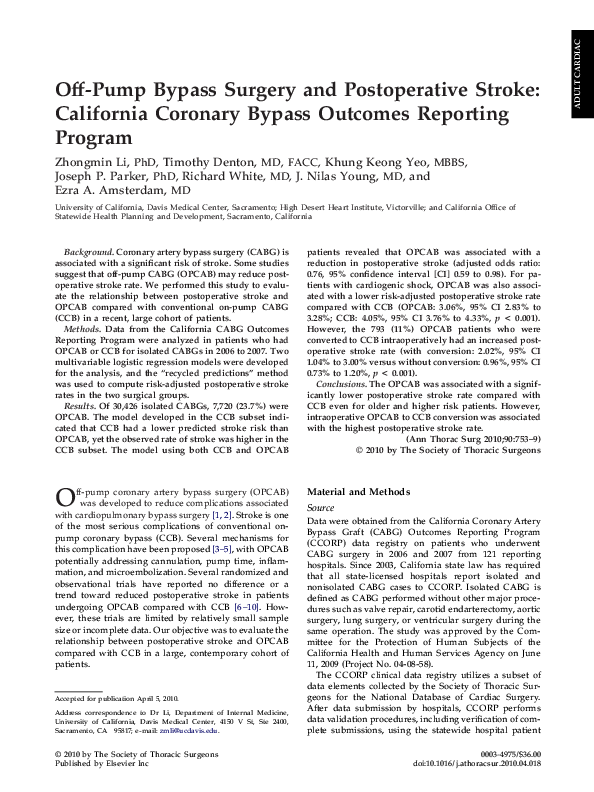 (PDF) OffPump Bypass Surgery and Postoperative Stroke California