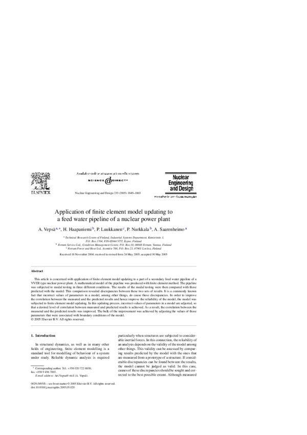 (PDF) Application of finite element model updating to a feed water ...