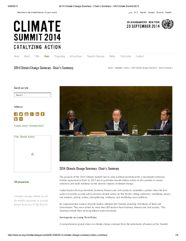 Climate Change Summary Chair’s Summary UN Climate Summit Nanda Putri