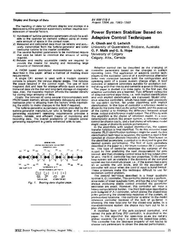 (PDF) Power System Stabilizer Based on Adaptive Control Techniques