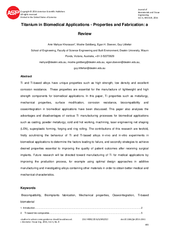 (PDF) Titanium in Biomedical Applications Properties and Fabrication