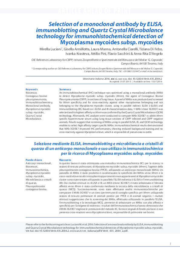 (PDF) Selection of a monoclonal antibody by ELISA, immunoblotting and ...