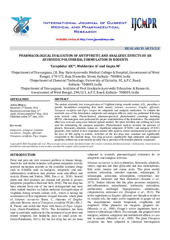 (PDF) PHARMACOLOGICAL EVALUATION OF ANTIPYRETIC AND ANALGESIC EFFECTS ...