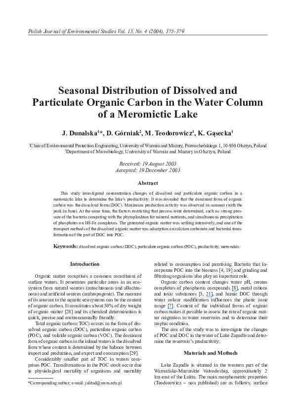(PDF) Seasonal Distribution of Dissolved and Particulate Organic Carbon ...