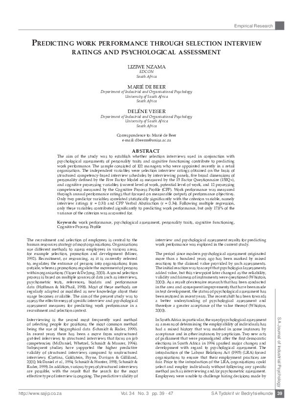 (PDF) Predicting work Performance through selection interview ratings ...