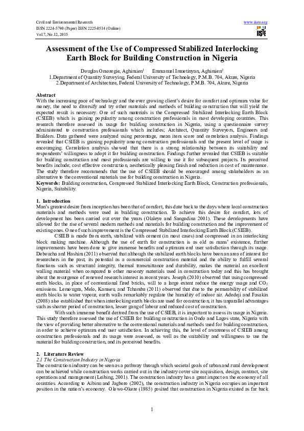 (PDF) Assessment of the Use of Compressed Stabilized Interlocking Earth ...