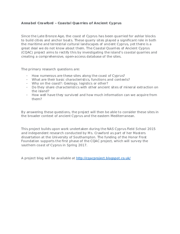 (DOC) Coastal Quarries of Ancient Cyprus: Project Summary