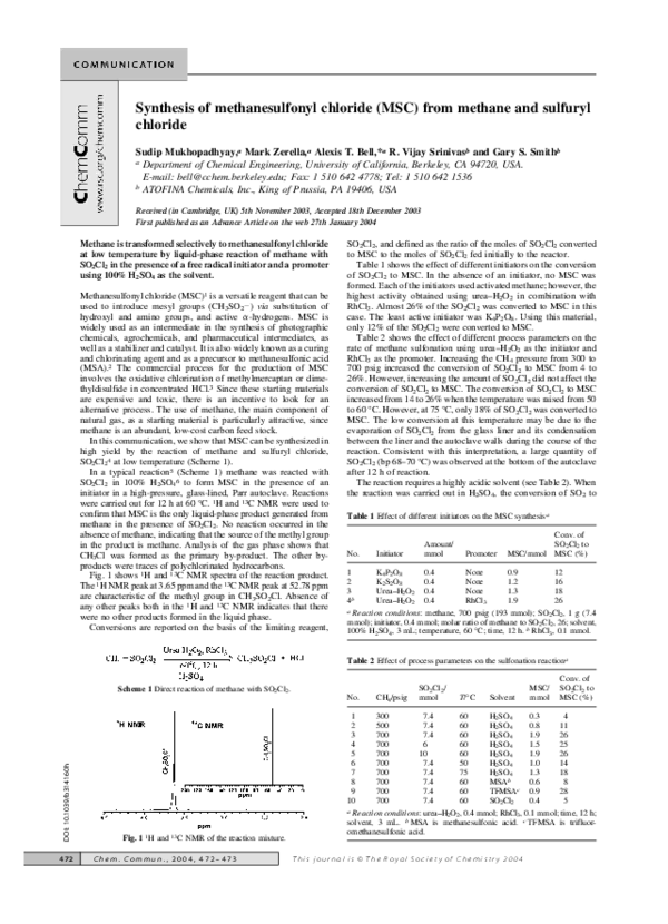 (PDF) Synthesis of methanesulfonyl chloride (MSC) from methane and ...