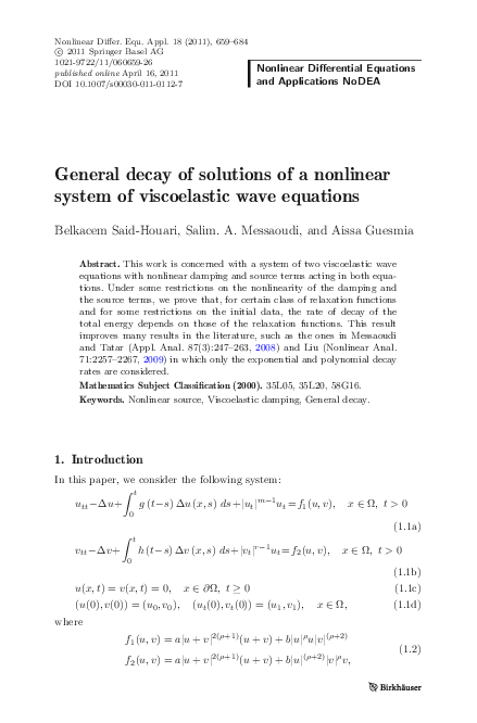 (PDF) General decay of solutions of a nonlinear system of viscoelastic ...