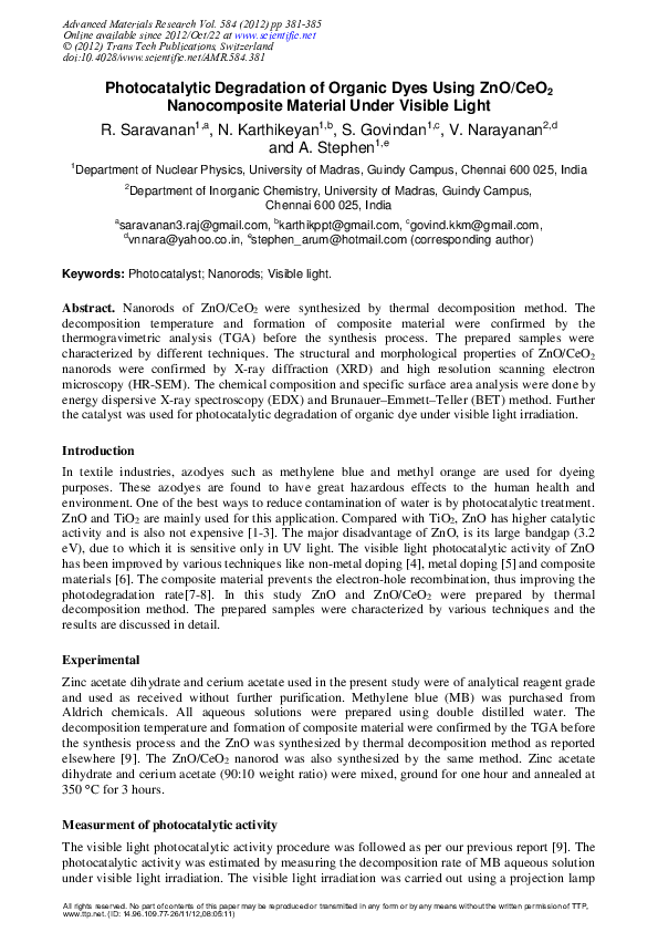 (PDF) Photocatalytic Degradation of Organic Dyes Using ZnO/CeO 2 ...