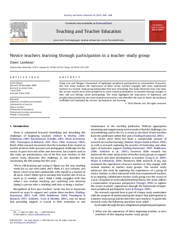 (PDF) Novice teachers learning through participation in a teacher study ...