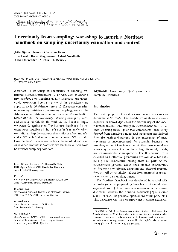 (PDF) Uncertainty from sampling: workshop to launch a Nordtest handbook ...