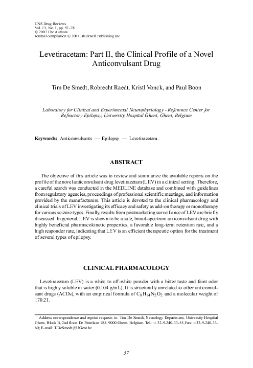 (PDF) Levetiracetam: Part II, the Clinical Profile of a Novel ...
