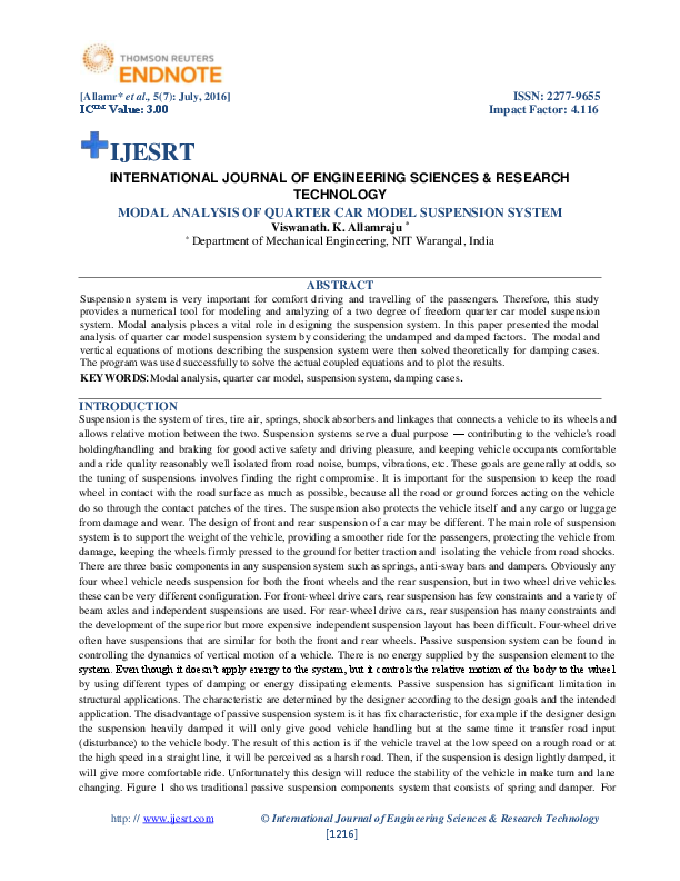 (PDF) MODAL ANALYSIS OF QUARTER CAR MODEL SUSPENSION SYSTEM IJESRT