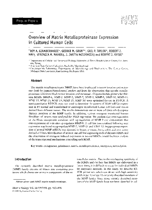 (PDF) Overview of matrix metalloproteinase expression in cultured human ...