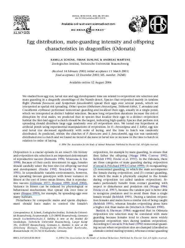Pdf Egg Distribution Mate Guarding Intensity And Offspring