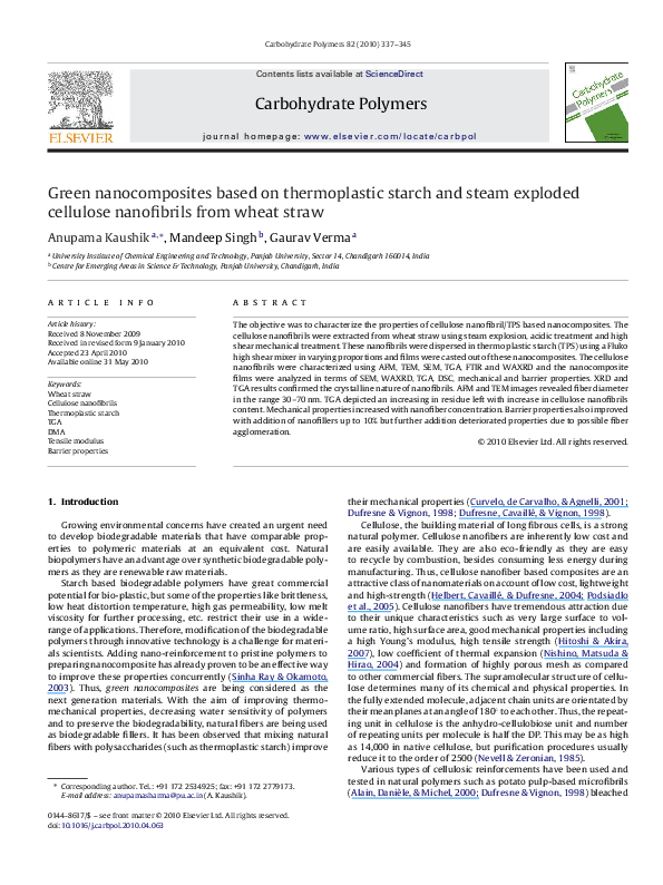 (PDF) Green nanocomposites based on thermoplastic starch and steam ...