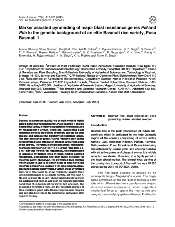 (PDF) Marker assisted pyramiding of major blast resistance genes Pi9 ...