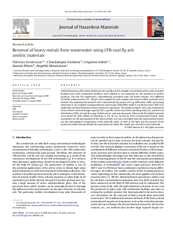 (PDF) Removal of heavy metals from wastewater using CFB-coal fly ash ...