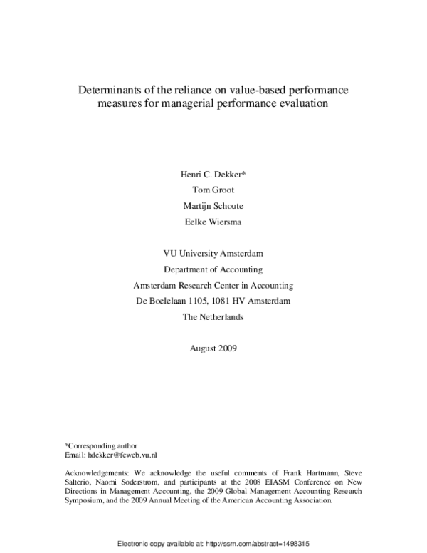 (PDF) Determinants of the Use of Value-based Performance Measures for ...