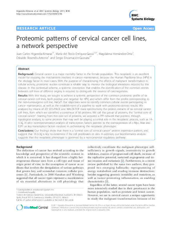 (PDF) Proteomic patterns of cervical cancer cell lines, a network ...