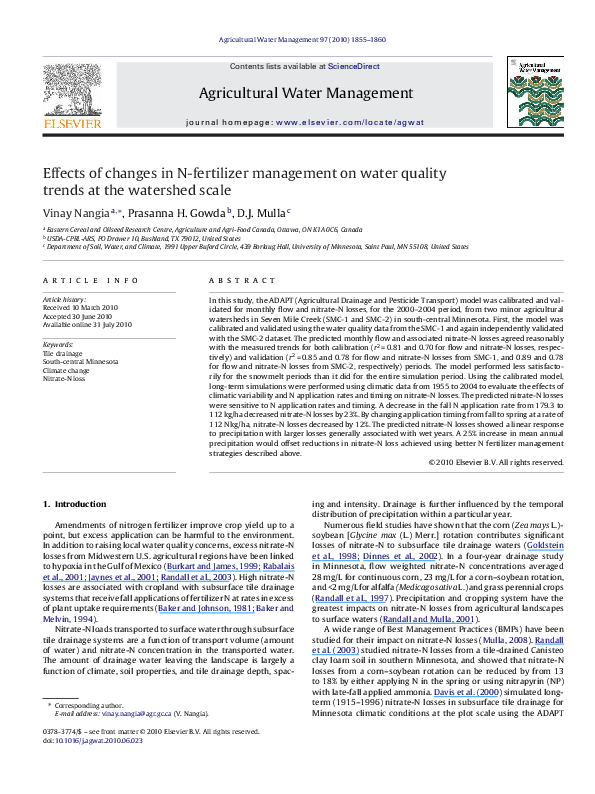 (PDF) Effects of changes in N-fertilizer management on water quality ...