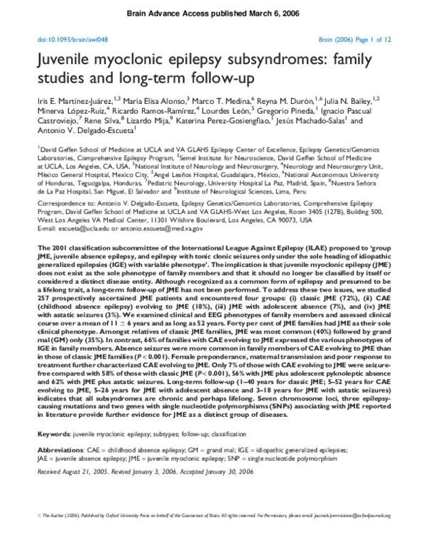 (PDF) Juvenile myoclonic epilepsy subsyndromes: family studies and long ...