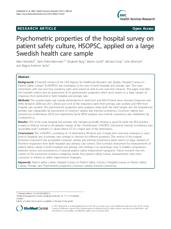 (PDF) Psychometric properties of the hospital survey on patient safety ...