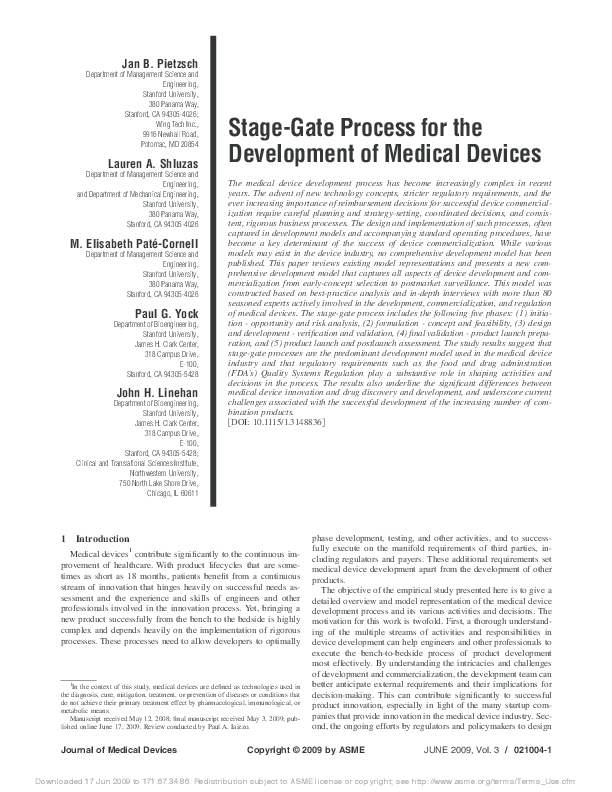 (PDF) StageGate Process for the Development of Medical Devices Lauren Aquino Shluzas