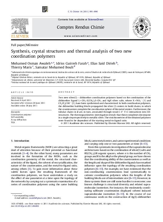 (PDF) Synthesis, crystal structures and thermal analysis of two new ...